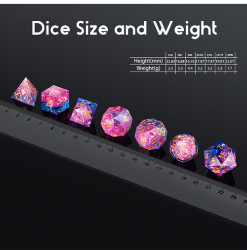 Size and Weight chart for Orion sharp edge dice set