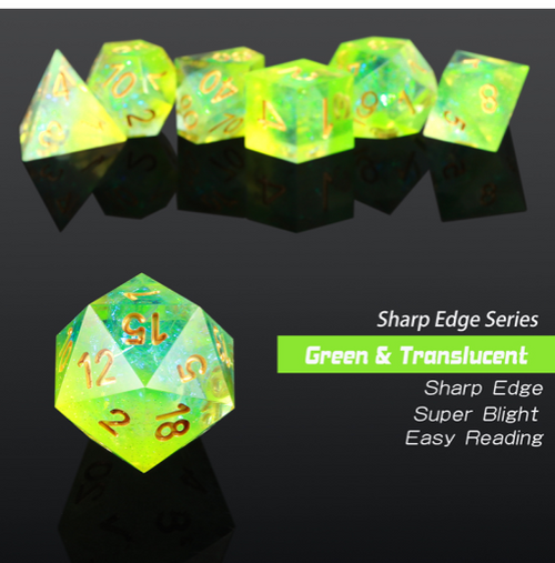 Key Lime sharp edge dice set with mirror-like polish, precision sharp edges, and easy-to-read numerals