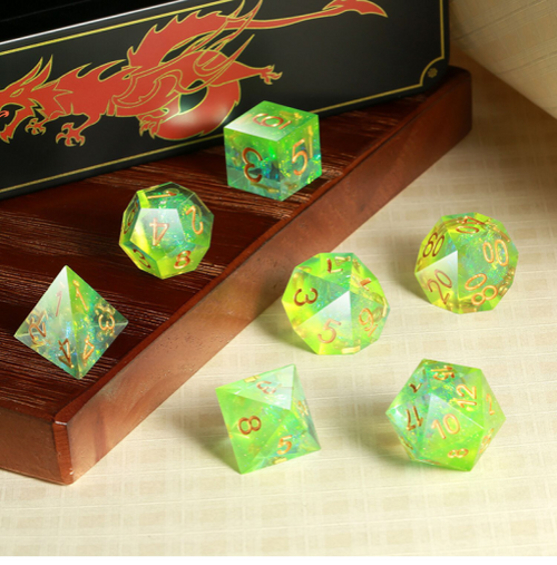 Set of seven Key Lime sharp edge resin RPG dice