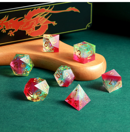 Set of seven Tourmaline sharp edge resin RPG dice