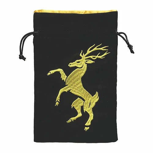 Dice bag with gold Heraldic Stag embroidery from Black Oak Workshop