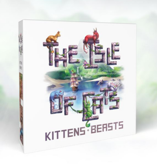 Product cover of Isle of Cats: Kittens & Beasts Expansion featuring cats on the letters and an island lagoon with ship background