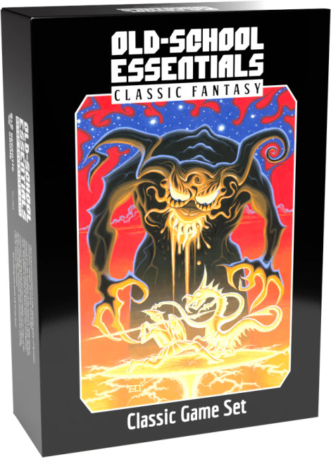 Old School Essentials Classic Game Set, depicting a black beast shaping fire into a knight and dragon