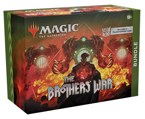 Product cover of Bundle, The Brothers' War–Magic: the Gathering featuring three big robots, many smaller yellow robots and man magically using glowing red stone