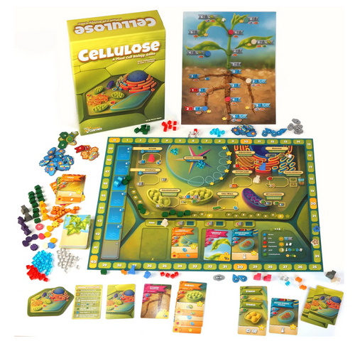 Cellulose board and components  cards, various game tokens, pieces, cubes