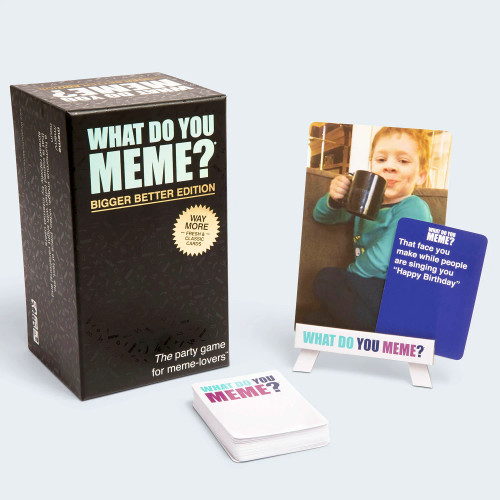 What Do You Meme: Bigger Better Edition box with example cards