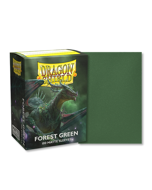 Box of Forest Green sleeves, the cover depicting art of a green dragon. The sleeves are matte green with no art.