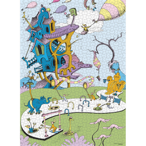 Art from the book "Oh the places you'll go" with Dr Seuss tunnels and elephants and defying gravity buildings 