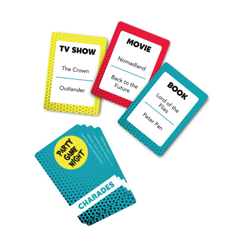 Game Component: Deck of cards- Card Color: Yellow-TV Show, Red-Movie, Blue-Book