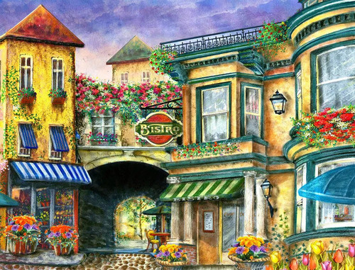 Artistic rendering of connected buildings including Bistro, with awnings and flowers and cobblestone with an arched tunnel walk