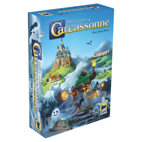 Mists Over Carcassonne box depicting a castle on a hill and a group of villagers in a haunted graveyard