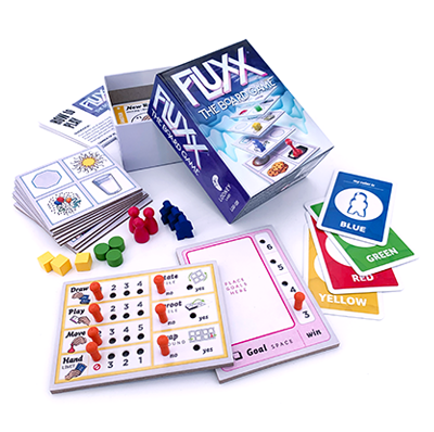 Fluxx the Board Game components, including tiles, pegboard, game pieces and more