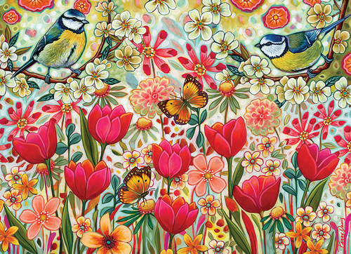 Puzzle image of different bright red, pink, yellow flowers, with songbirds and butterflies.