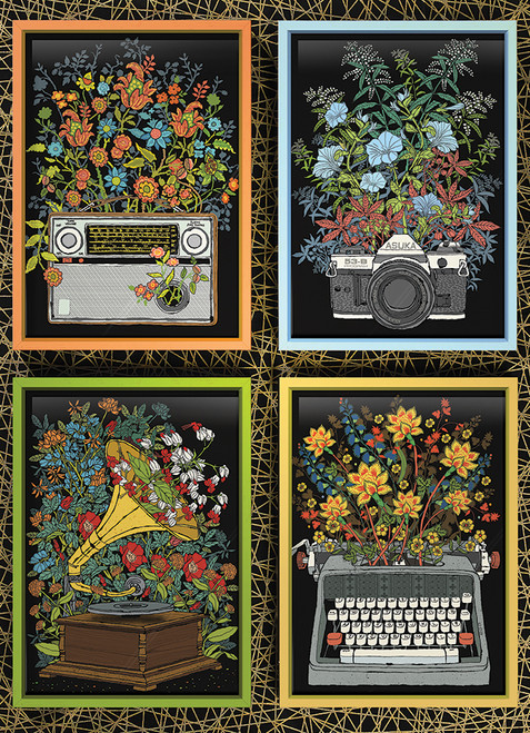 Floral objects four antique objects with flowers growing out of them puzzle image