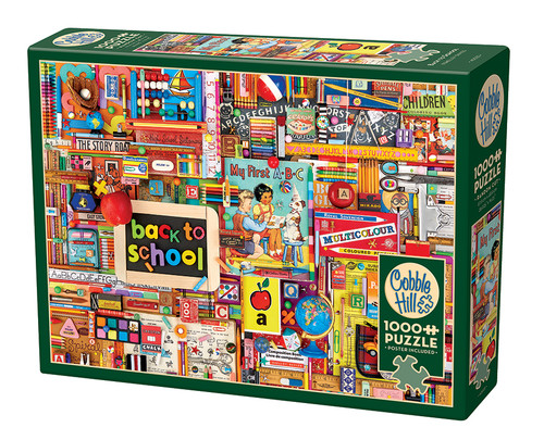 Back to School assortment of school supplies puzzle box