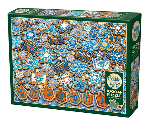 Hanukkah Cookies blue orange and white frosting designs puzzle box