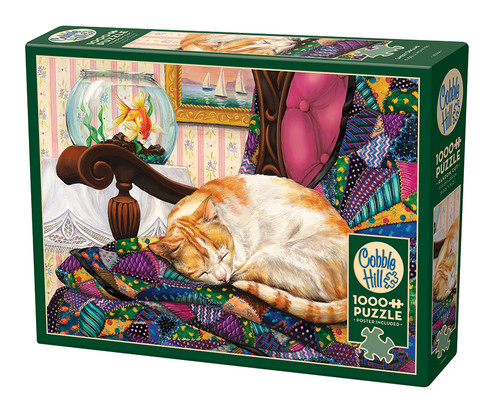 Sweet Dreams cat on quilt and goldfish puzzle box