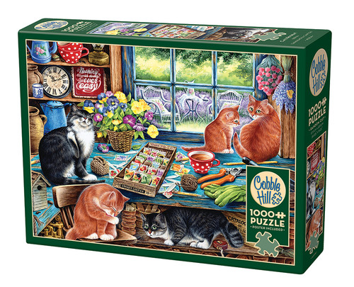 Cats Retreat four cats on a gardening bench puzzle box