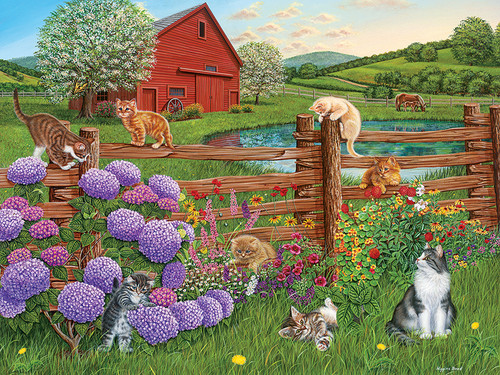 Puzzle image of spring time farm with cats resting and playing on a farm fence surrounded by spring flowers. Farm horses, barn, pond in background. 