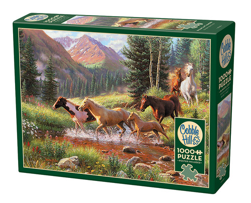 Mountain Thunder horses running across a creek puzzle box