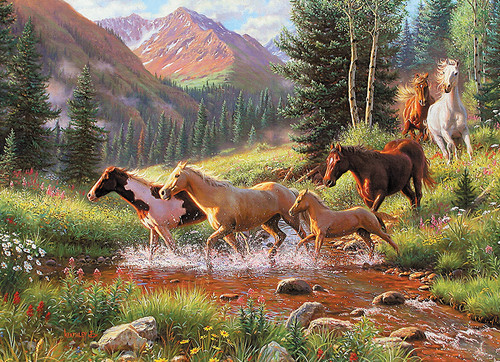 Mountain Thunder horses running across a creek puzzle image