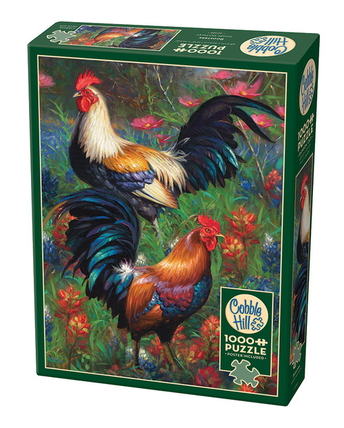 Roosters two roosters among wildflowers puzzle box