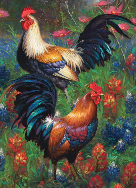 Roosters two roosters among wildflowers puzzle image
