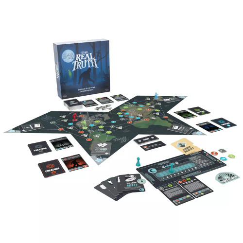 The Real Truth setup, including a board, player boards, and creature cards