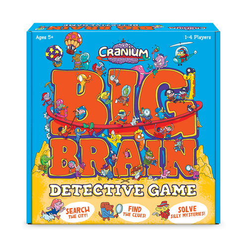 Cranium Big Brain box cover image, featuring the words Big Brain with many silly cartoon characters among them