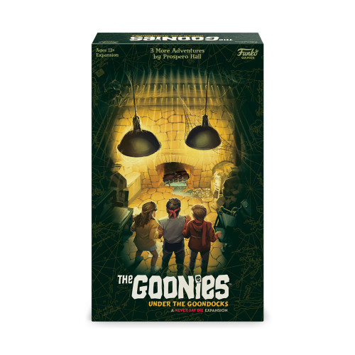 Box cover of the Under the Goondocks expansion for The Goonies: Never Say Die, featuring three kids looking at a fireplace