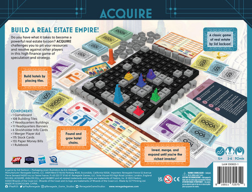 Acquire box back, featuring the game board with building pieces and fake currency