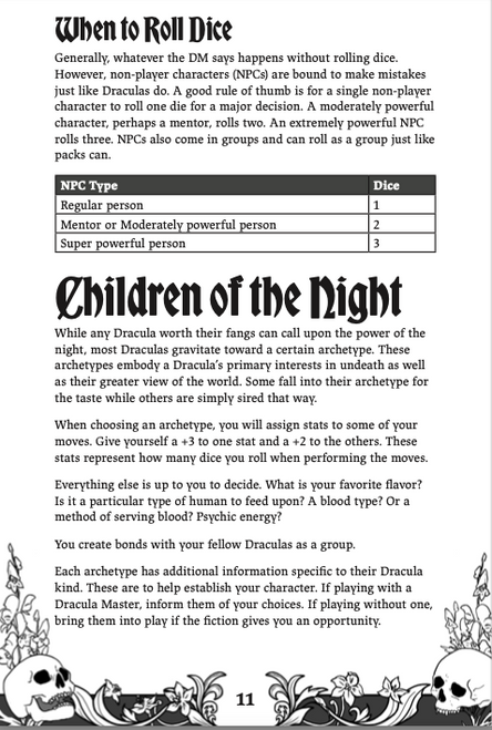 Page from the book, detailing dice rolls for non-player characters and an introduction to the Dracula archetypes