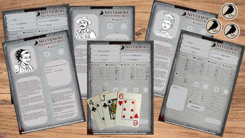 Nevermore protagonist sheets and a spread of playing cards