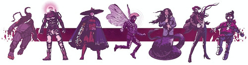 Seven fantastical and mythical characters depicted in shades of purple