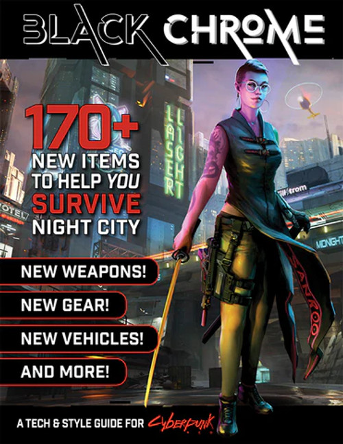 Black Chrome cover, featuring a well-dressed person wielding a katana in front of a futuristic city skyline