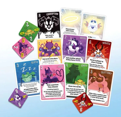 The Deadlies game cards, each of which lists the deadly sins it is tied to and its effect