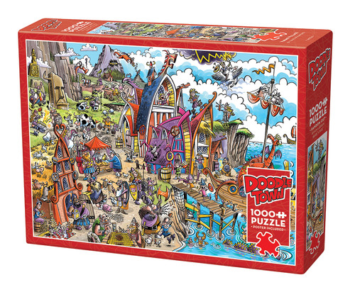 Doodletown Viking Village comical cartoon scene of a cliffside village, vikings and mythical creatures puzzle box