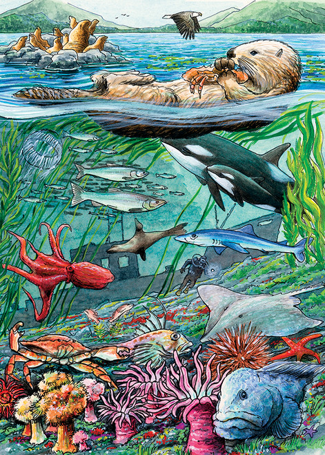 Detailed drawing of a water scene featuring fish, orcas, anemones, an octopus and an otter puzzle image