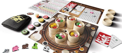 Steam Up setup, including stacked steamers on the turntable gameboard, cards and animal character tokens