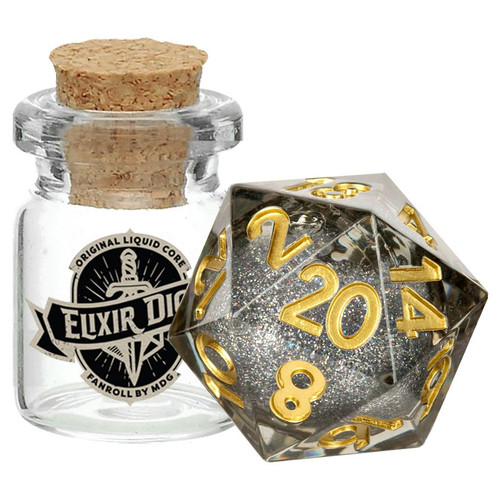 Gray twenty-sided die with gold numerals and a liquid core