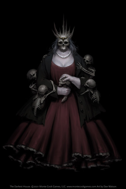 The Darkest House example art, in which skeletons crawl up the dress of a frightening skull-faced woman