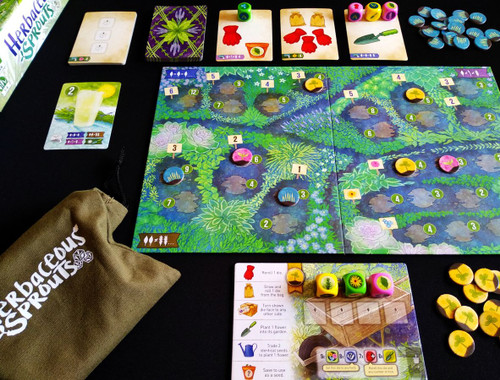 Herbaceous Sprouts gameplay including  dice,  tokens, tool cards and a game board showing growing patches of plants