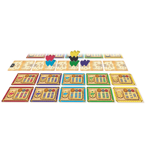 Camel Up The Card Game setup, featuring the racetrack, camel tokens, and cards