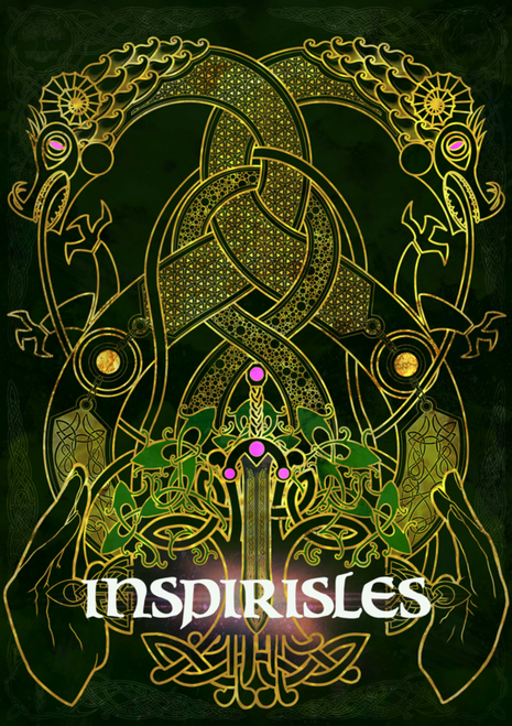 Inspirisles cover art depicting golden outlines of two serpents and two hands on a black field