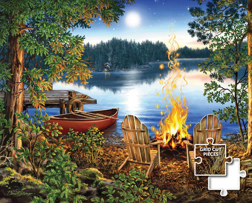 Lakeside Canoe puzzle image showing a lake in the evening, a canoe, a campfire and two wood chairs at the water's edge