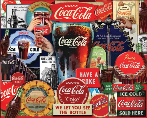 Coca-Cola Decades of Tradition puzzle image featuring a collage of Coca-Cola imagery and paraphernalia