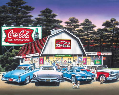 Coca-Cola Night on the Town image featuring classic cards and an old fashioned diner with a sign that reads, "Drink Coca-Cola"