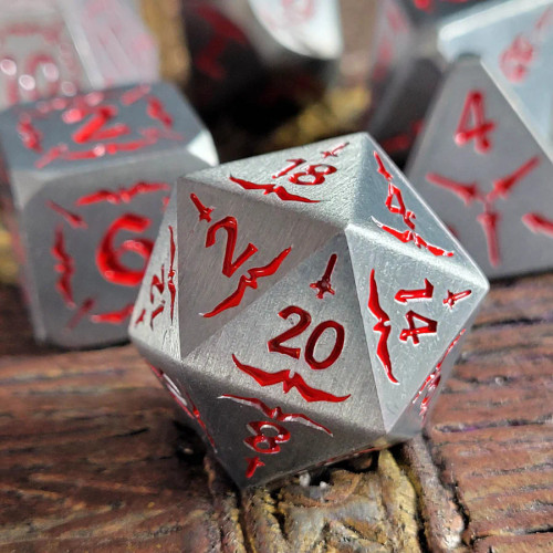Rogue's Blade silver-tone dice set close-up