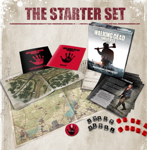 The Walking Dead Universe RPG Starter Set, including character sheets, dice, maps and more