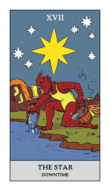 The Star card, art depicting a character collecting water at a river